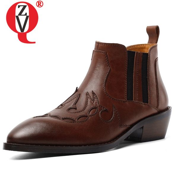 

zvq fashion brand ankle boots genuine cow leather brown national style pointed toe 4cm heels women's shoes winter western boots, Black