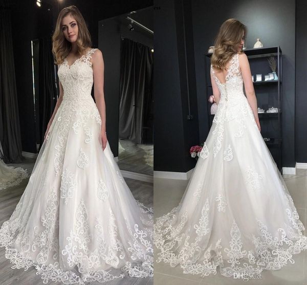 

plus size gorgeous lace wedding dresses v-neck appliques a line sweep train garden country style bridal gowns charming castle church, White