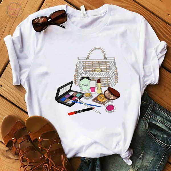 

vogue women t shirt make up collection lipstick party t shirt girl 100% cotton summer shirt lady hipster t shirts, White