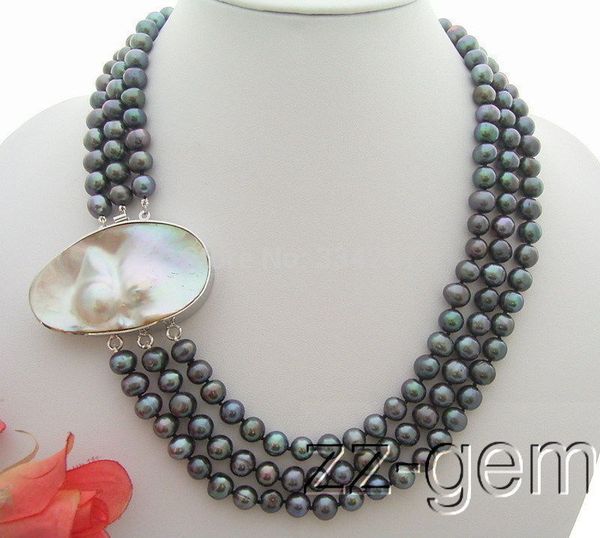 

100% selling full 3strds 9mm black pearl necklace-natural mabe clasp, Silver