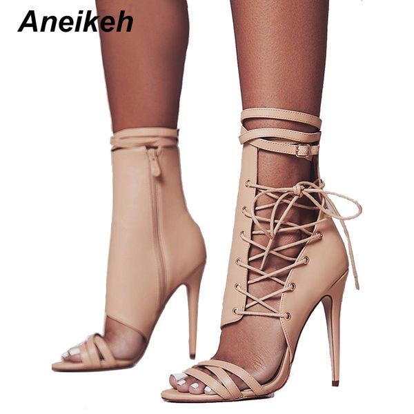 

aneikeh roman buckle strap shoes women sandals gladiator lace up peep toe sandals high heels woman ankle boots black aprict cj191220
