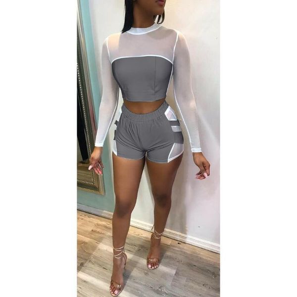 

suits crew neck long sleeve short pants night club style fashion ladies clothing womens reflective sports, Gray