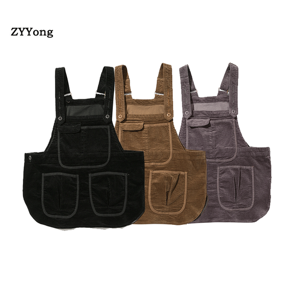 

2020 new men solid color multi-pocket men corduroy vest casual winter streetwear, Black;white