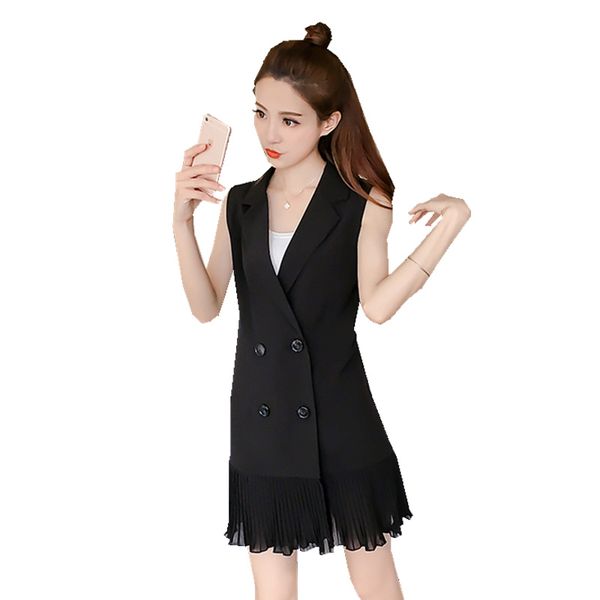 

vests turn-down collar double breasted spliced pockets medium length chiffon pleated thin sleeveless solid high street, Black;white