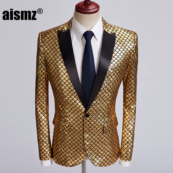 

aismz gold fish scale bronzing pattern casual blazer men suit jacket hip hop dj night club singers wedding blazer stage wear, White;black