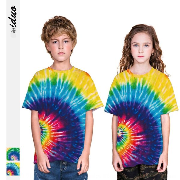 

tie-dyed short-sleeved t-shirt t-shirt children's stylish loose breathable boys' and girls' round collar top, Blue