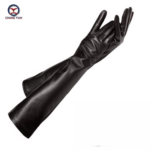 

ching yun lady long glove fashion sheepskin leather black gloves2019 women genuine mittens female thin lining style arm sleeve, Blue;gray
