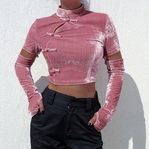 

new ladies chinese style cheongsam buckle long split sleeve crop women solid pink clothes velour spring autumn fashion, Red