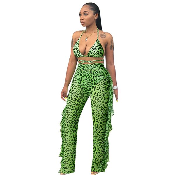 

neon leopard print women two piece outfits festival clothing crop and ruffle pant 2 piece club matching sets dropship, White