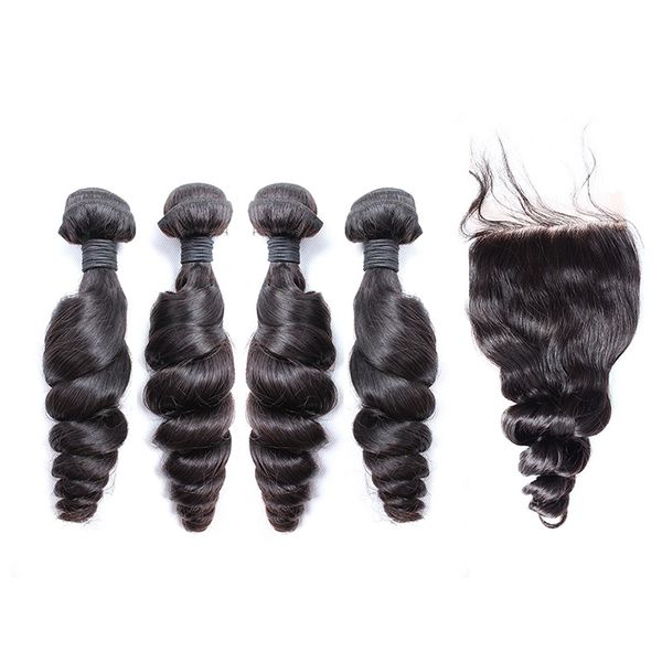 Превосходные перуанские малайзийские волосы наращивание волос 1 шт. Средняя часть верхняя часть кружева закрытие 4x4 с 4 шт. Пакета волос Свободная волна Девственные волосы Натуральный цвет