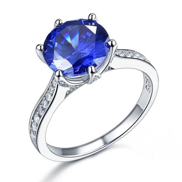 

exquisite women wedding rings 925 sterling silver engagement luxury ring 3 ct blue created tanzanite prong setting jewelry, Slivery;golden