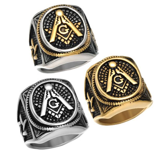 Ringos maçônicos vintage Rings de alta qualidade Jóias de aço inoxidável Banda de casamento Retro 18K Gold Batenium Punk Ring