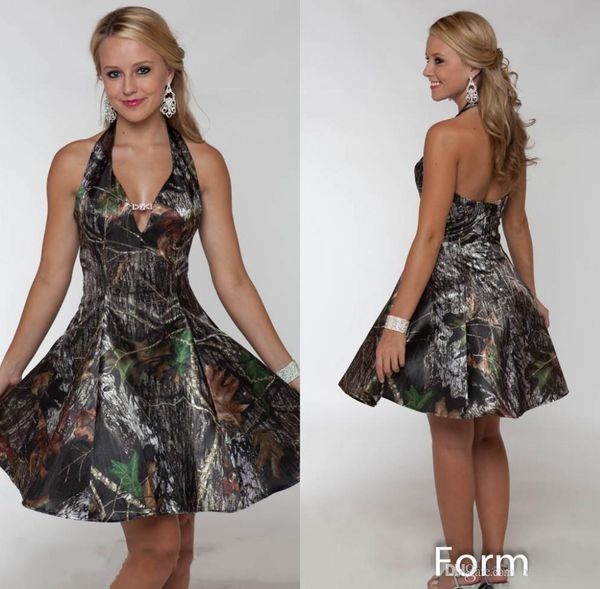 

short camo bridesmaid dresses for country garden weddings a line halter neck knee length backless wedding guest party dresses, White;pink