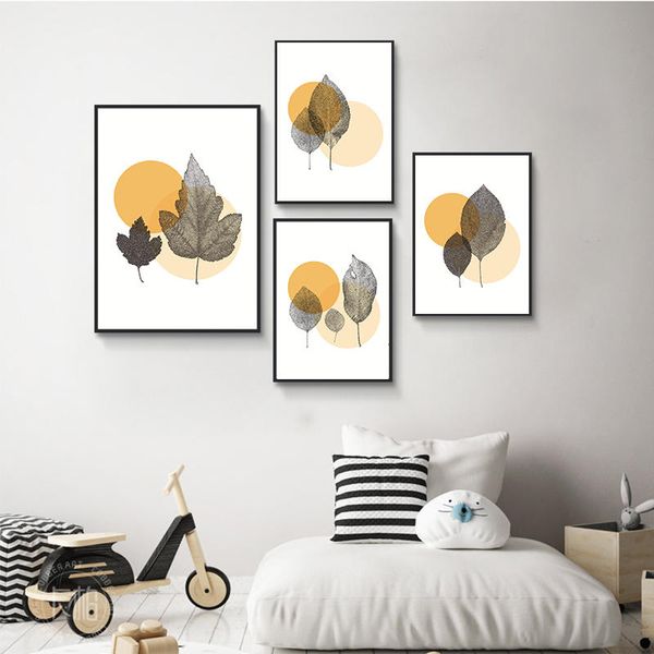 

yumeart watercolor grey leaves canvas paintings print nordic yelolow circle pictures living room home decor botanical wall art