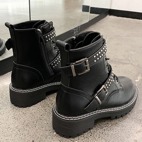 

women winter shoes studded leather buckles women boots ladies shoes med belt buckle platforms cool punk rivets boots #1017, Black