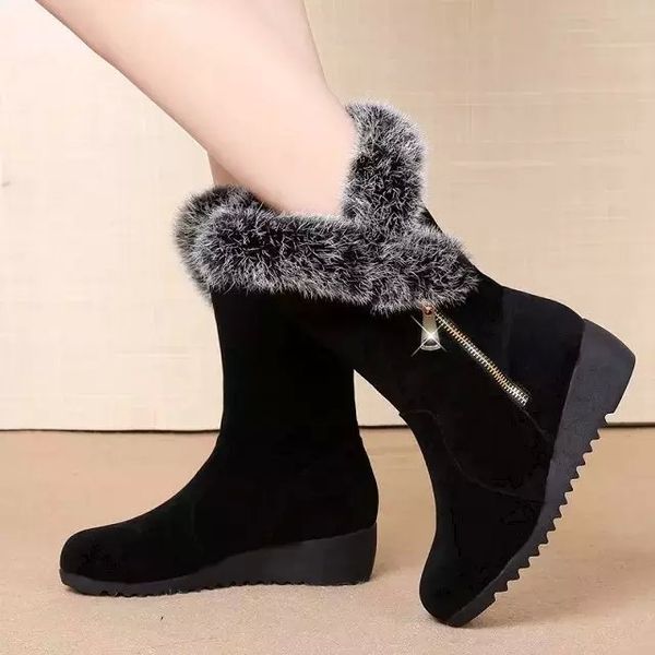 

wedge boots winter shoes for women round toe clogs platform booties ladies zipper plush med 2020 padded rubber mid calf fur, Black