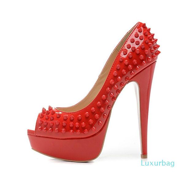 

size 35-41 women's 14cm high heels black patent leather with spikes red bottom pumps, ladies luxury design peep toe wedding party shoes