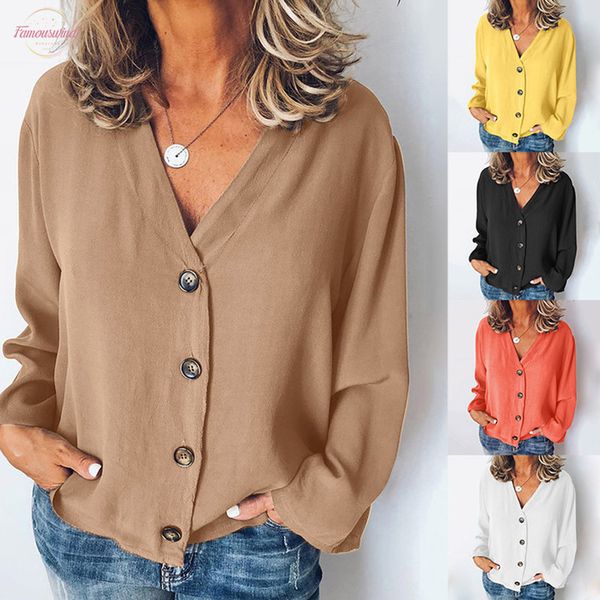 

2020 new women blouse casual solid long sleeve long sleeve v neck buttons opening loose shirt blouse womens shirt female, White
