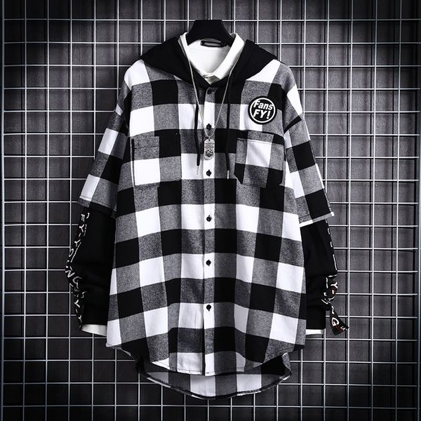 

tide brand autumn new loose hooded plaid shirt male korean version fake two pieces street hip hop shirt couple jacket 60cs, White;black
