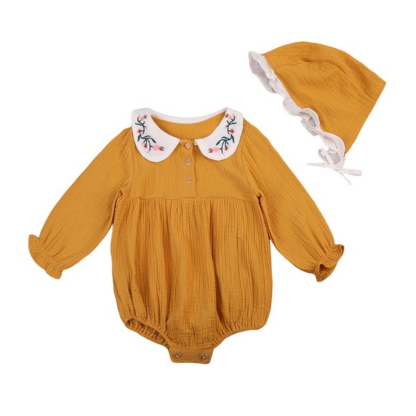 

newborn infant baby girls doll collar embroidery romper jumpsuit + hat 2pcs outfits set clothes casual costume for age 0-3years, Blue