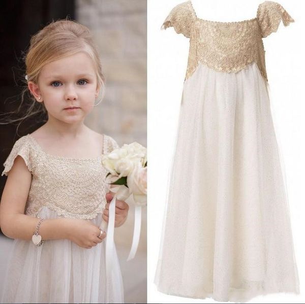 

vintage flower girl dresses for wedding ankle length cap sleeve empire champagne lace ivory chiffon girls first communion dress, Red;yellow