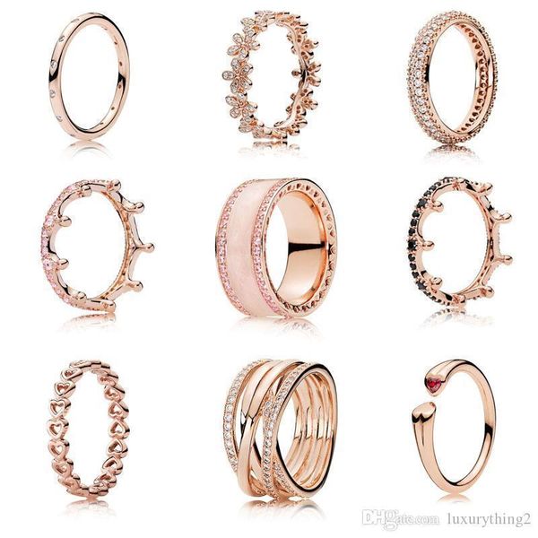 

новый 925 стерлингового серебра игристые розовый кристалл корона розовое золото pandora кольца для женщин обручальные кольца lady подарка дн, Silver