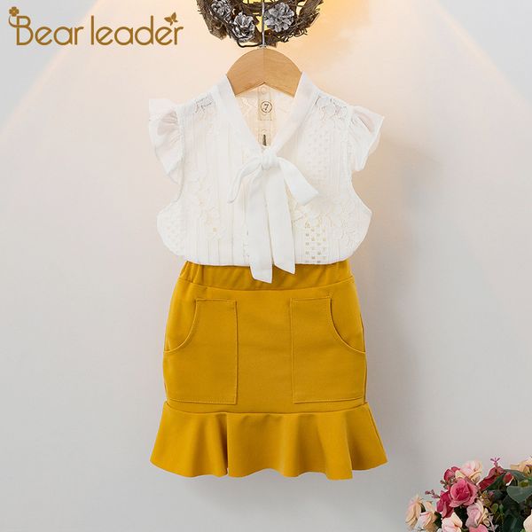 

bear leader girls dress 2020 new kids clothing summer lace short-sleeved + lotus leaf dress 2pcs suit children's clothes set t200613, White