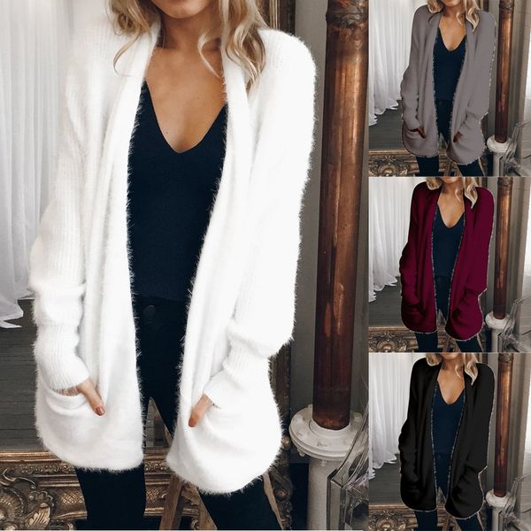 

fashion womens long sleeve solid color pocket cardigan coat, White