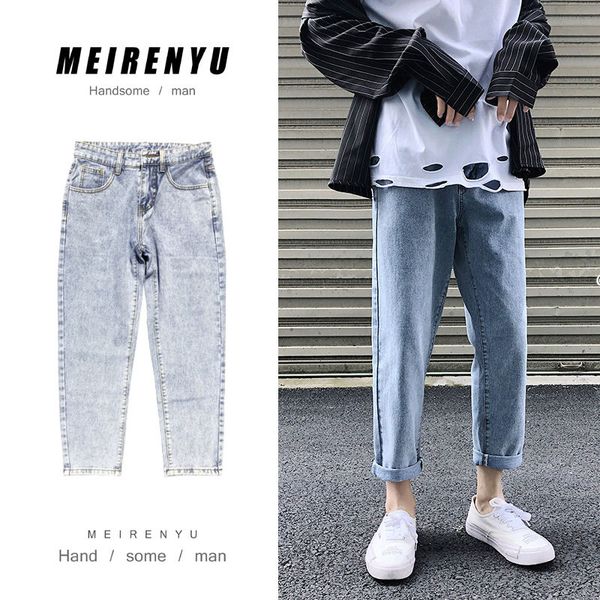 

лето прямые джинсы мужские тонкий моды омывается повседневные брюки джинсы мужчины streetwear wild hip hop retro denim брюки мужские s-2xl, Blue