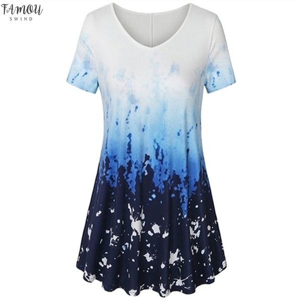 

women shirts v neck short sleeve a line curved hem tie dye tunic blouse fashion comfortable women shirts, White