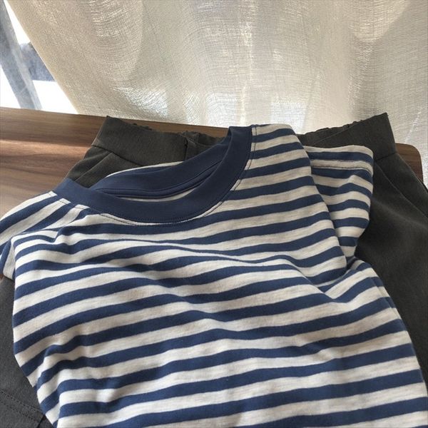 

lazy wind white dry old sea spirit loose round collar striped short-sleeved t-shirt women's fresh versatile slim shirt summer