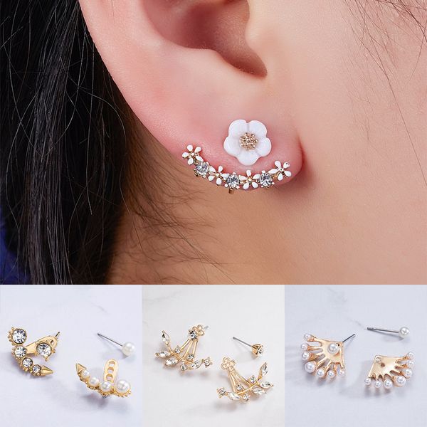 

belleper korean fashion pearl asymmetric earrings cute daisy flower shiny rhinestone ear rear-mounted stud earrings women girl, Golden;silver
