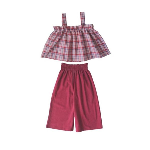 

девочки топы и свободные брюки для детей 2pcs одежды корейских оборок плед блузка летней одежда завышенной талия одежды, White