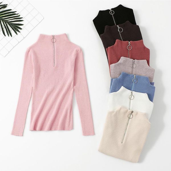 

women autumn long sleeve turtle neck zip knitted sweater pullover bottoming top, White;black