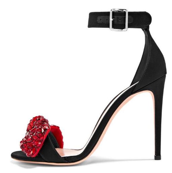 

red crystal bowknot high heels gladiator sandals women one strap stiletto heels rhinestone butterfly-knot party sandalias, Black