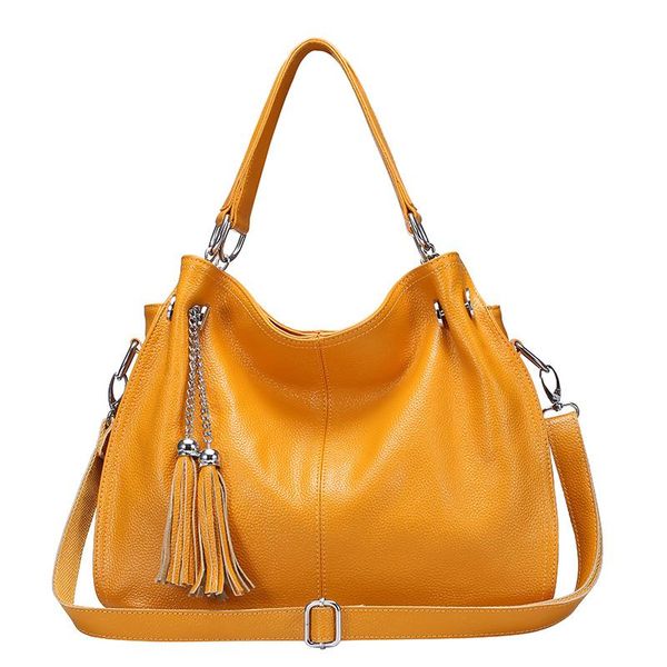 

ladies handbags ladies fashion leather diagonal shoulder large shopping bag european and american leisure tassel yellow diagonal bag 0217