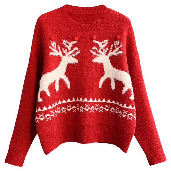 

red pullover female winter 2019 new korean loose new year christmas deer sweater yfnt2340, White;black