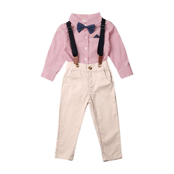 

Toddler Kids Baby Boys Gentleman Suits Formal Clothes Outfits Bow Tie Stripe Shirt Suspender Pants 2Pcs Birthday Party Sets 0-6Y