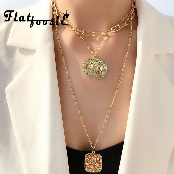 

flatfoosie vintage gold silver color coin choker necklaces for women metal chain three layers pendant necklace statement jewelry