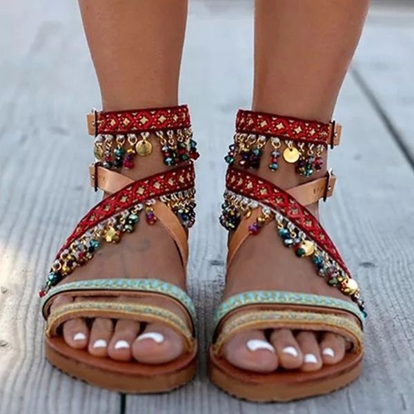

woman flat sandals summer bohemia mixed color slides ankle buckle rhinestone decoration female comfortable shoes plus size, Black