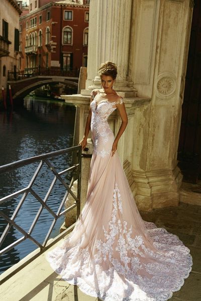 

scoop формальные платья для вечеринок бело-розовые с короткими рукавами 2019 свадебные платья русалки кружева свадебное платье романтическая, White