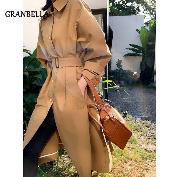 

2019 apring autumn casual large size korean loose thin windbreaker belt solid long sleeve single breasted women elegant outwear, Tan;black