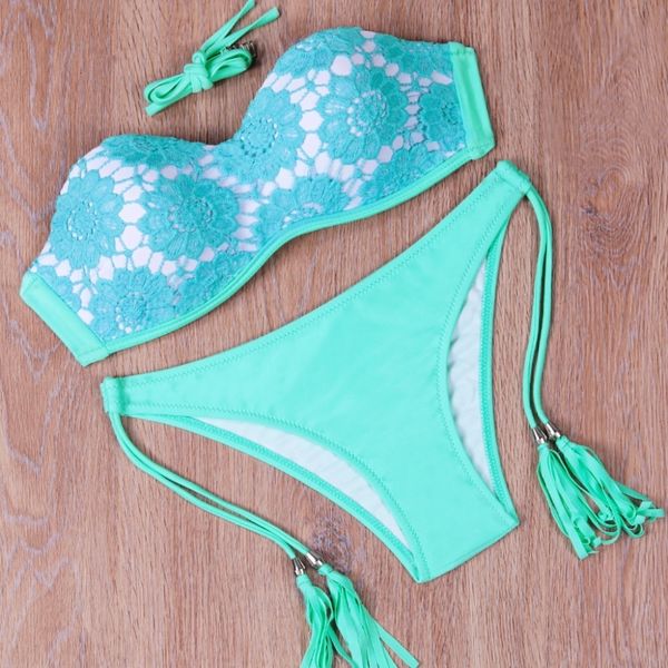 

swimwear women bikinis for women 2019 floral print bikinis set crochet swimsuit strapless push up bandeau biquinis beachwear bathing suit, White;black