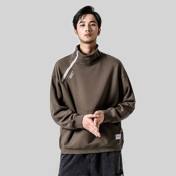 

yasword 2019 turtleneck zipper sweatshirt for men high neck hoodie loose tracksuit pullover male outwear men sportswear, Black