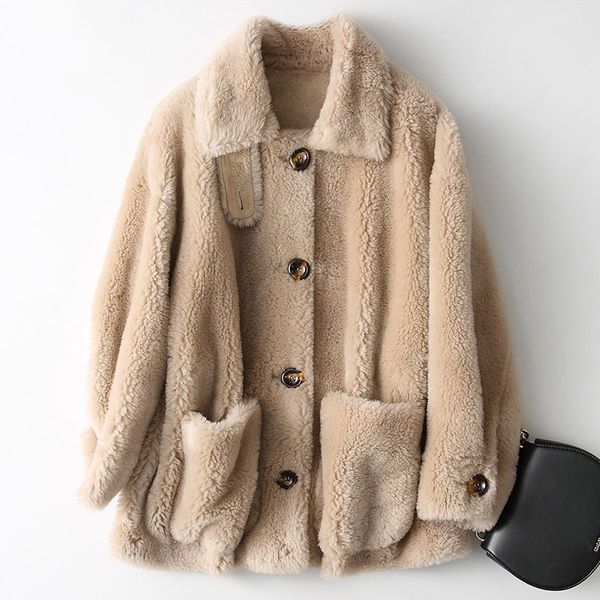 

loose fit wool coat women turn down collar large pockets single breasted real fur jacket new 2019 autumn winter, Black