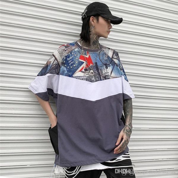

summer designer panelled tees fashion mens digital printed tshirts casual loose male with pockets, White;black