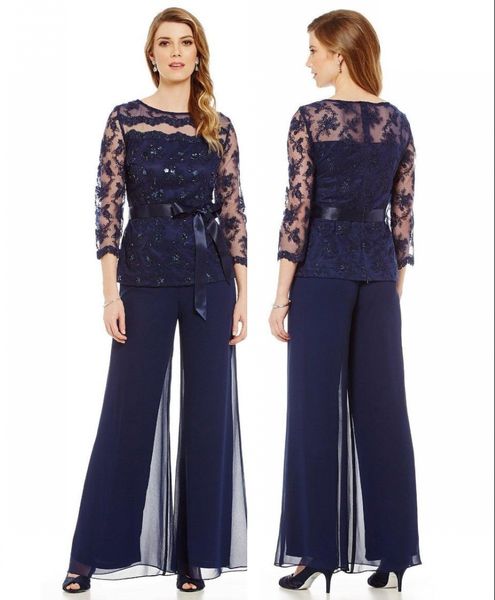 

custom made navy blue two pieces mothers pants suit sheer jewel neck for weddings lace applique beads mothers pantsuits dresses, Black;red