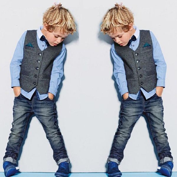 

handsome boys denim clothing sets spring kids clothes brands three piece shirt+vest+jeans handsome conjunto menino, White