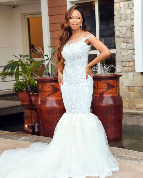 

2019 luxury mermaid wedding dresses elegent off shoulder tulle sweep train white trumpet wedding bridal gowns custom made