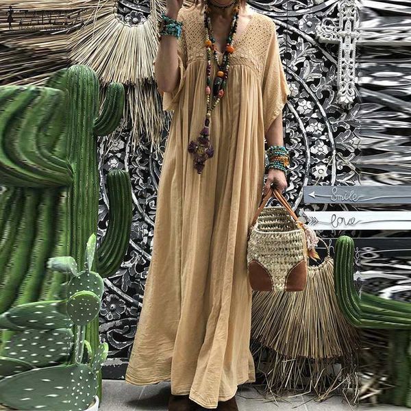 Bohemian Women Lace Crochet Maxi Abito lungo ZANZEA Summer V neck Flare Sleeve Solid Sundress Kaftan Party Beach Vestido Baggy T200416